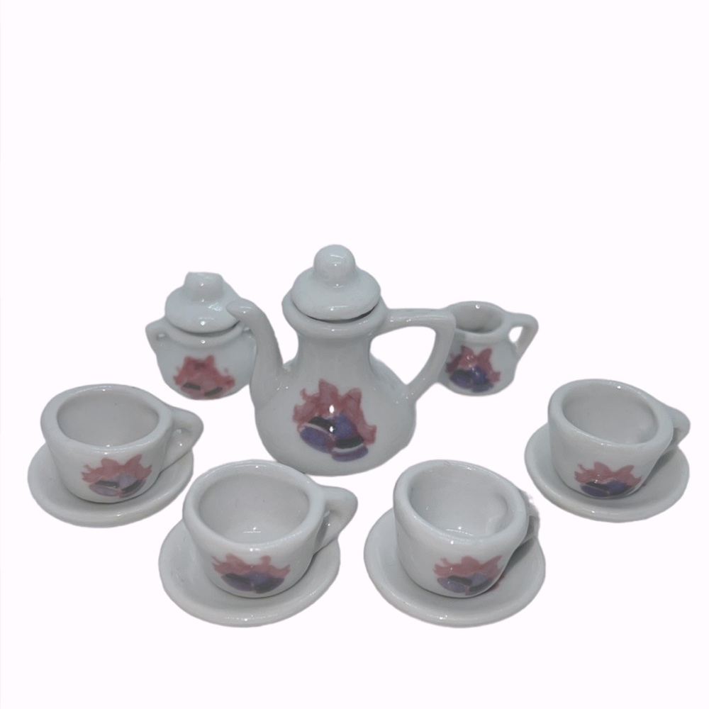 VINTAGE MINIATURE CERAMIC TEA SET BELLS AND RIBBONS